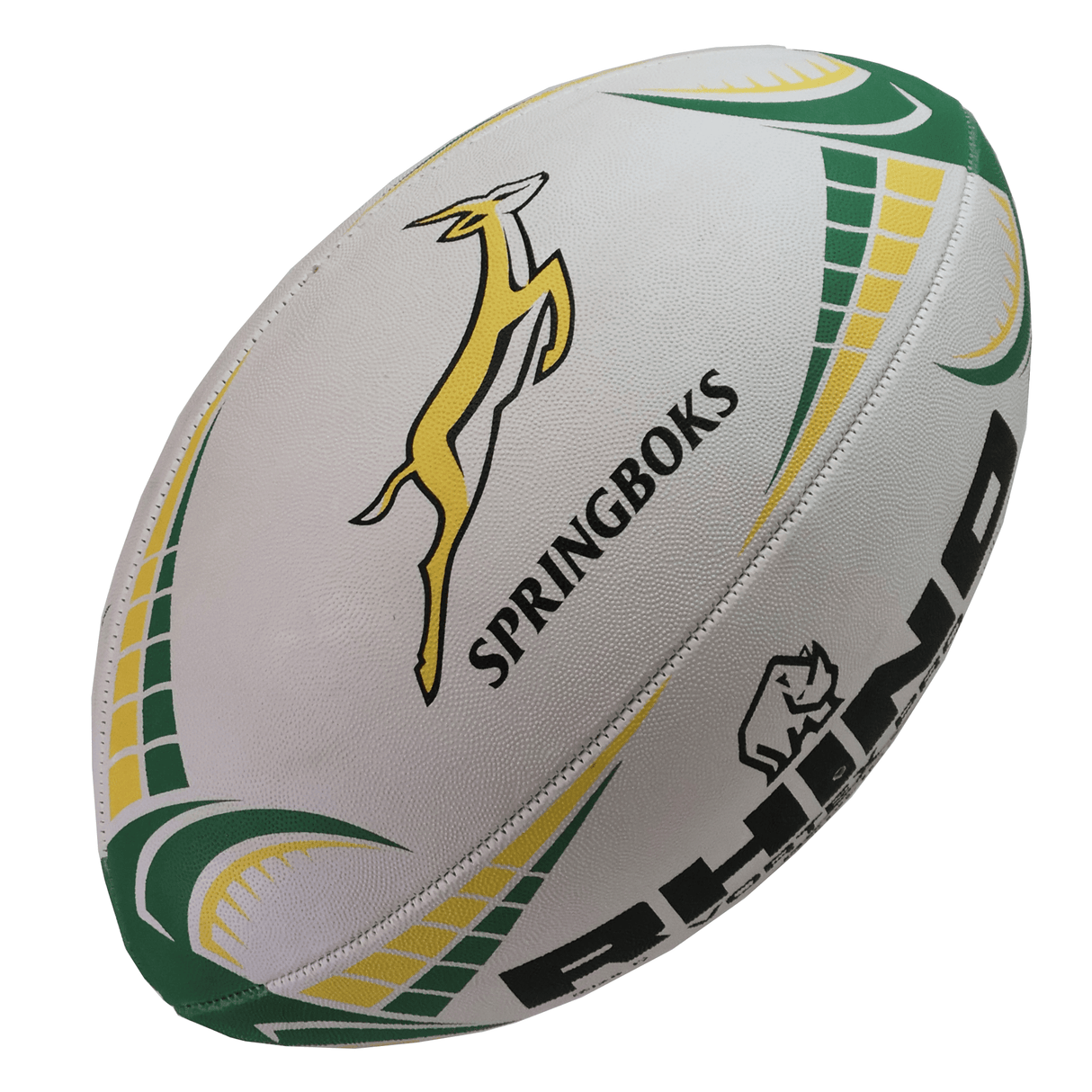 The Rhino South Africa Springboks Replica Match Ball is an official SA Rugby ball in white with green and yellow, featuring the "SPRINGBOKS" text, logo, and Rhino branding—perfect for any Springboks fan.