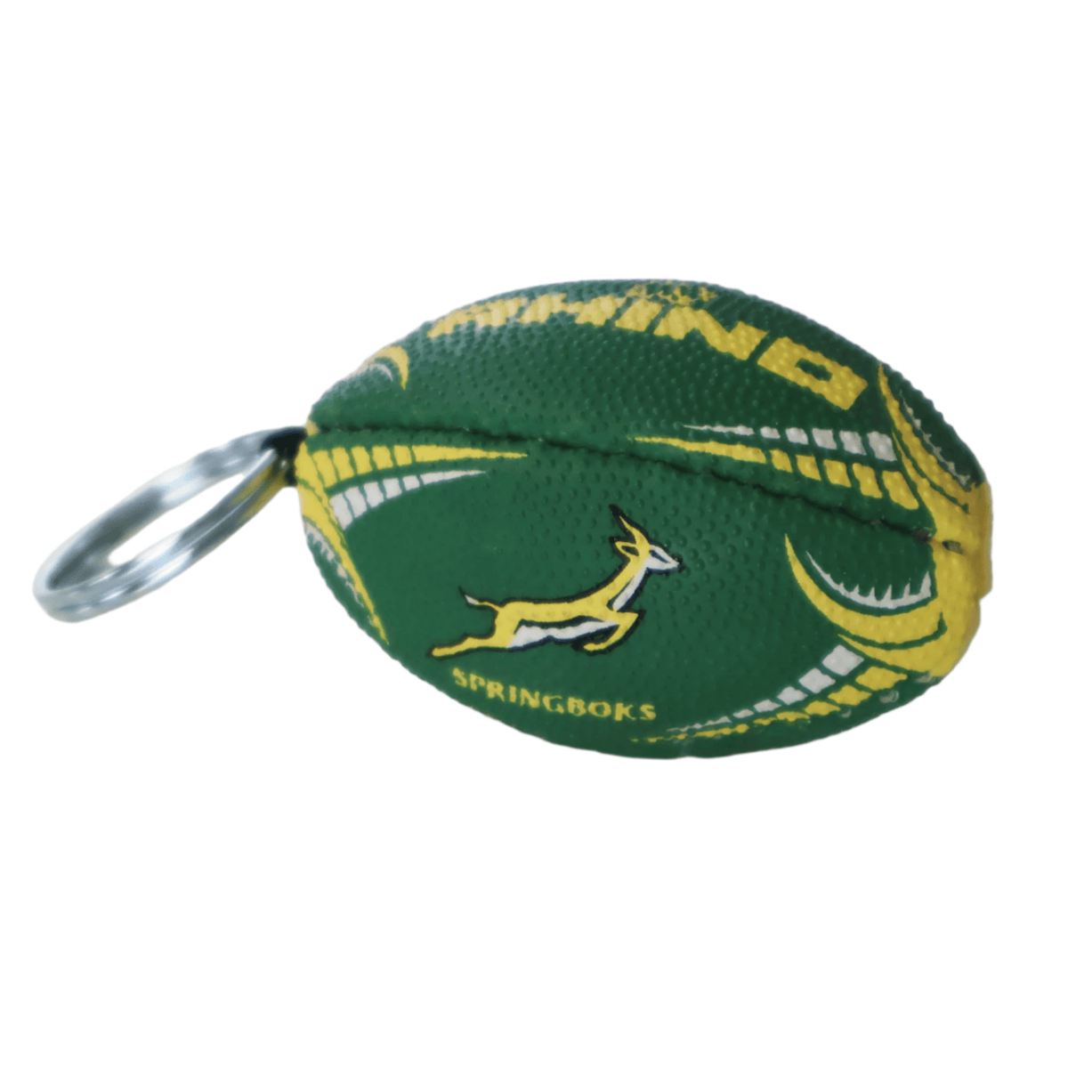The Rhino South Africa Springboks Rugby Ball Keyring by Rhino is a small keychain shaped like a green and yellow rugby ball with the Springboks logo—ideal for South African rugby fans.