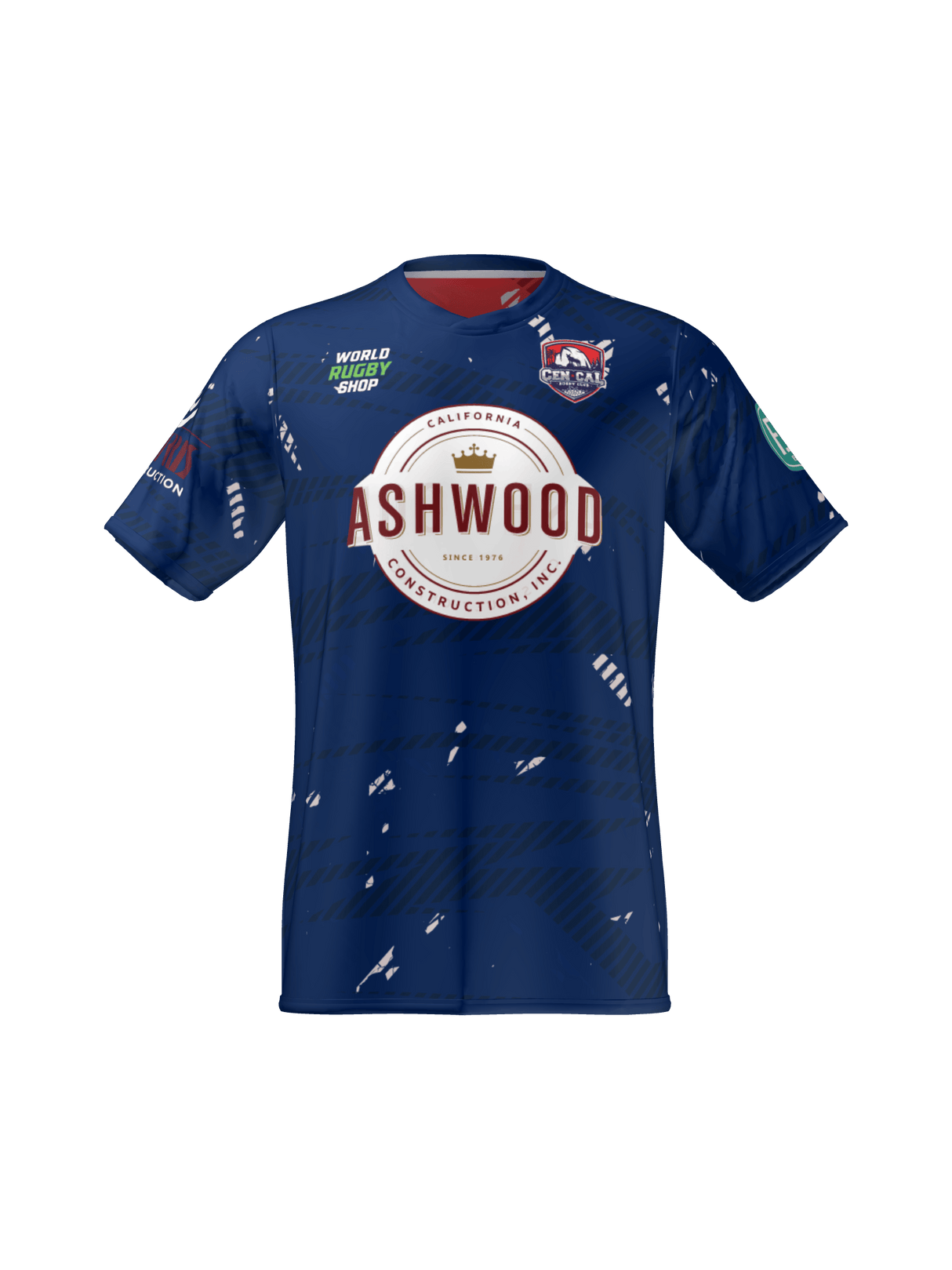 The Teamatical CenCal Rugby Reversible Jersey is blue with “ASHWOOD” and “California Construction LLC” on the front, includes sponsor logos, and features subtle white graphic accents.