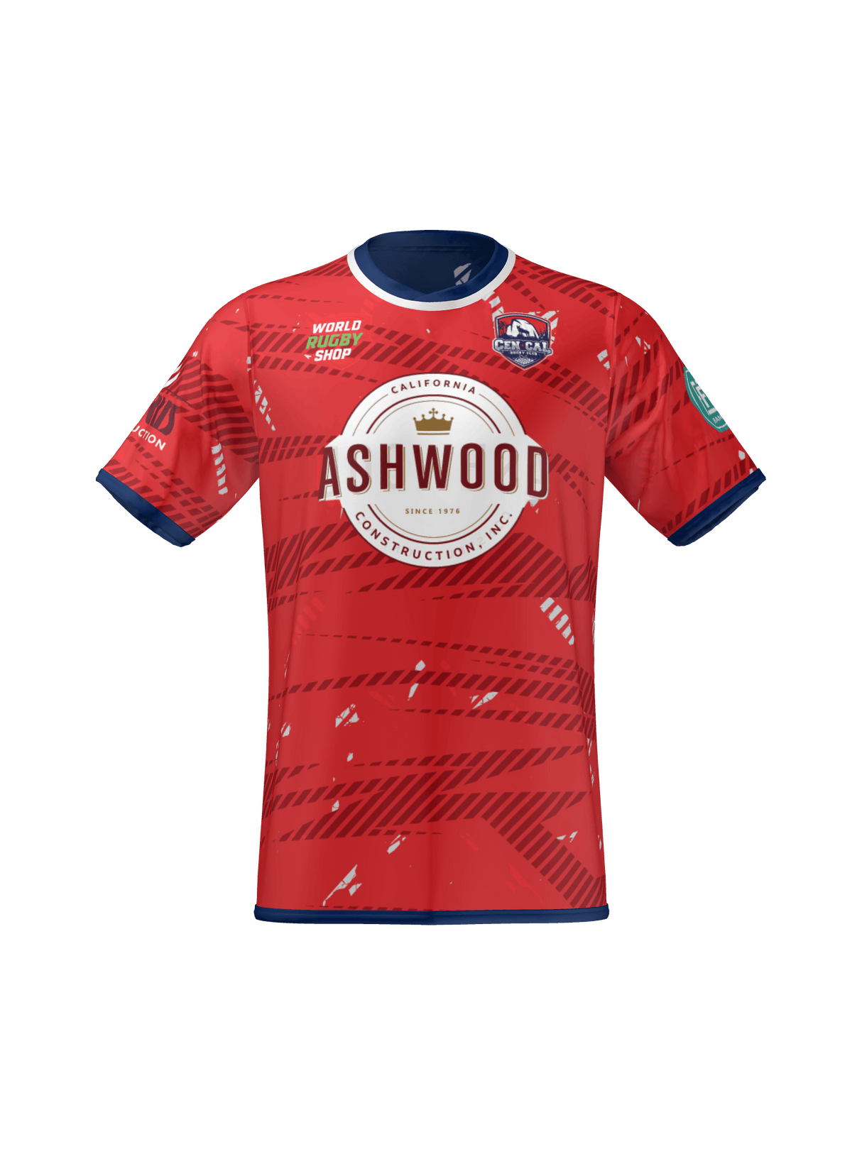 The Teamatical CenCal Rugby Reversible Jersey is red with a blue collar and cuffs, featuring "Ashwood Construction Inc." on the front plus sponsor logos on the chest and sleeves.