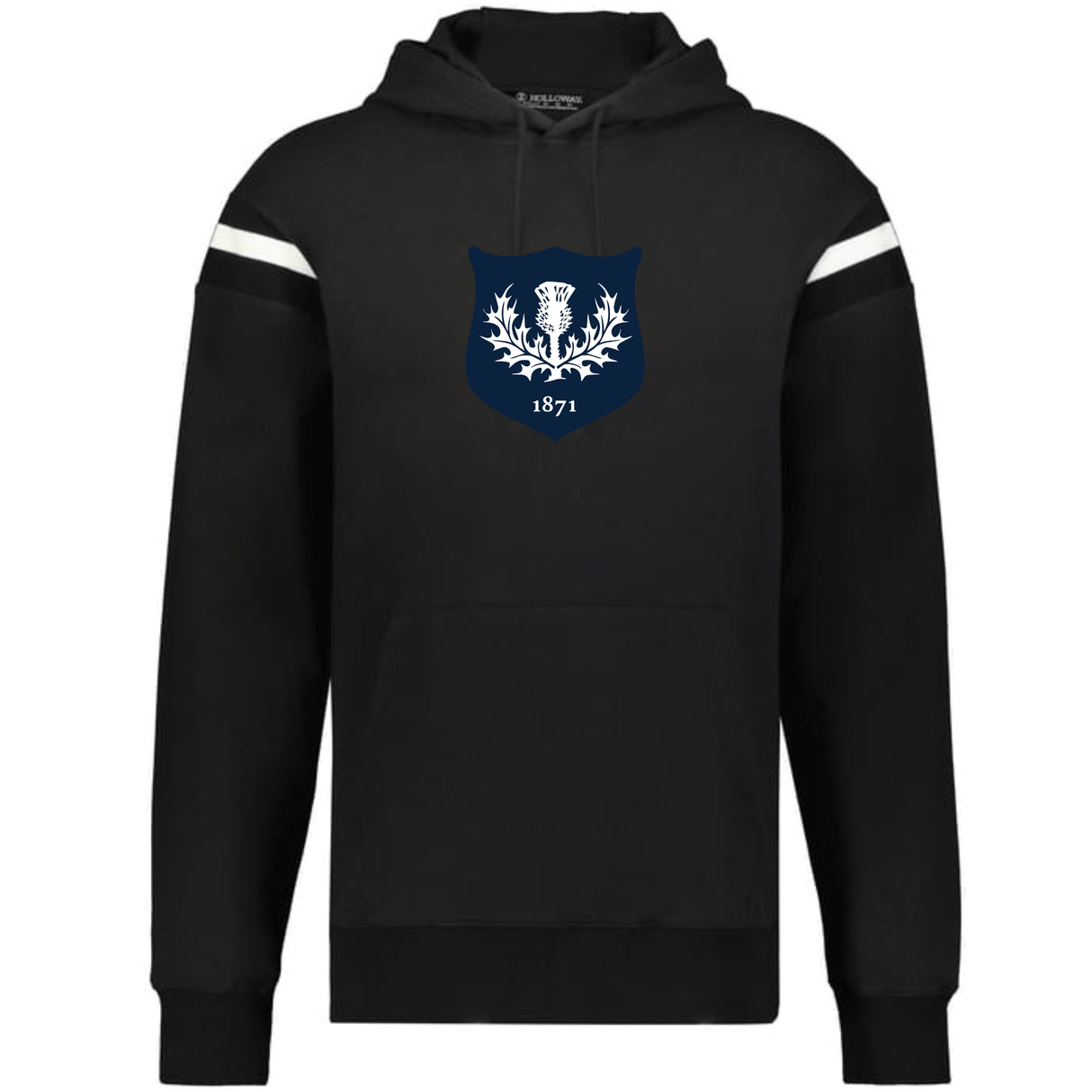 The WRS Augusta Scotland Heritage Prep Vintage Shield Hoodie features white upper arm stripes and a blue-and-white thistle crest with "1871," celebrating classic Scottish heritage.
