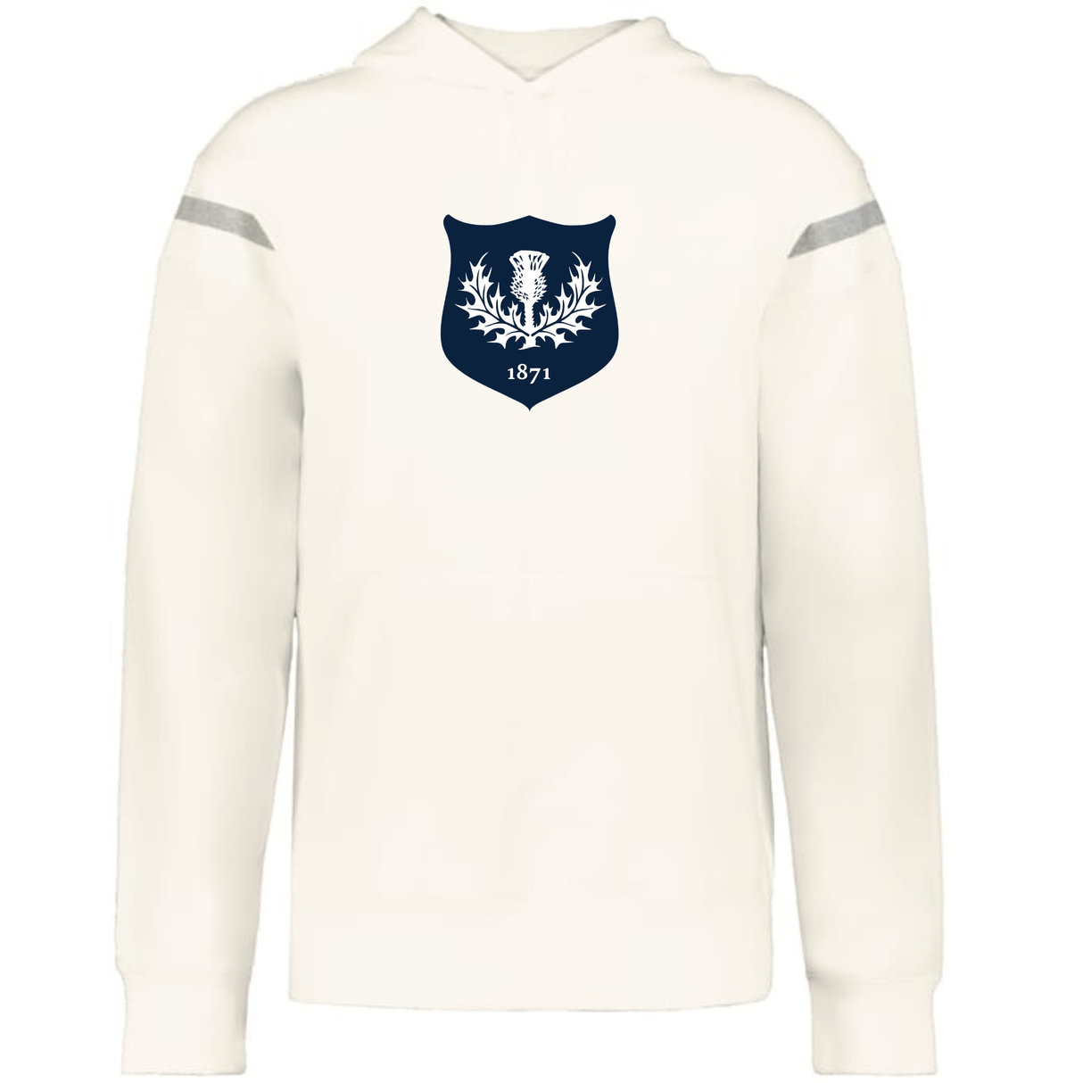 The WRS Augusta Scotland Heritage Prep Vintage Shield Hoodie is a white sweatshirt with a navy crest featuring a thistle and "1871" on the front, plus light grey sleeve stripes for a classic touch.