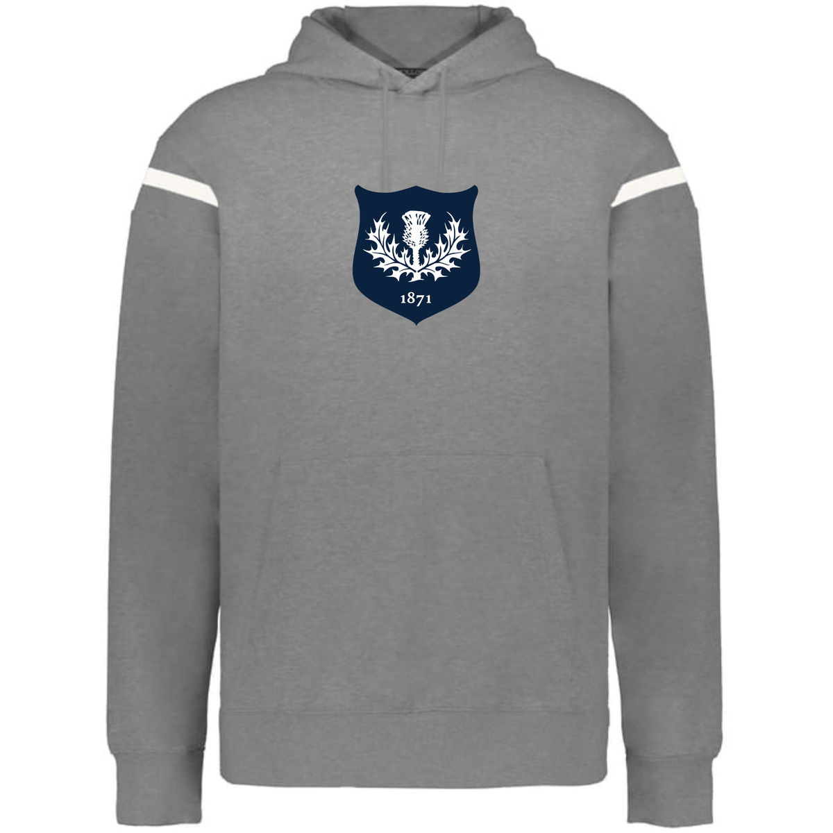 The WRS Augusta Scotland Heritage Prep Vintage Shield Hoodie features a gray design with white sleeve stripes and a navy crest with white thistle and "1871"—blending classic prep style with authentic Scottish heritage.