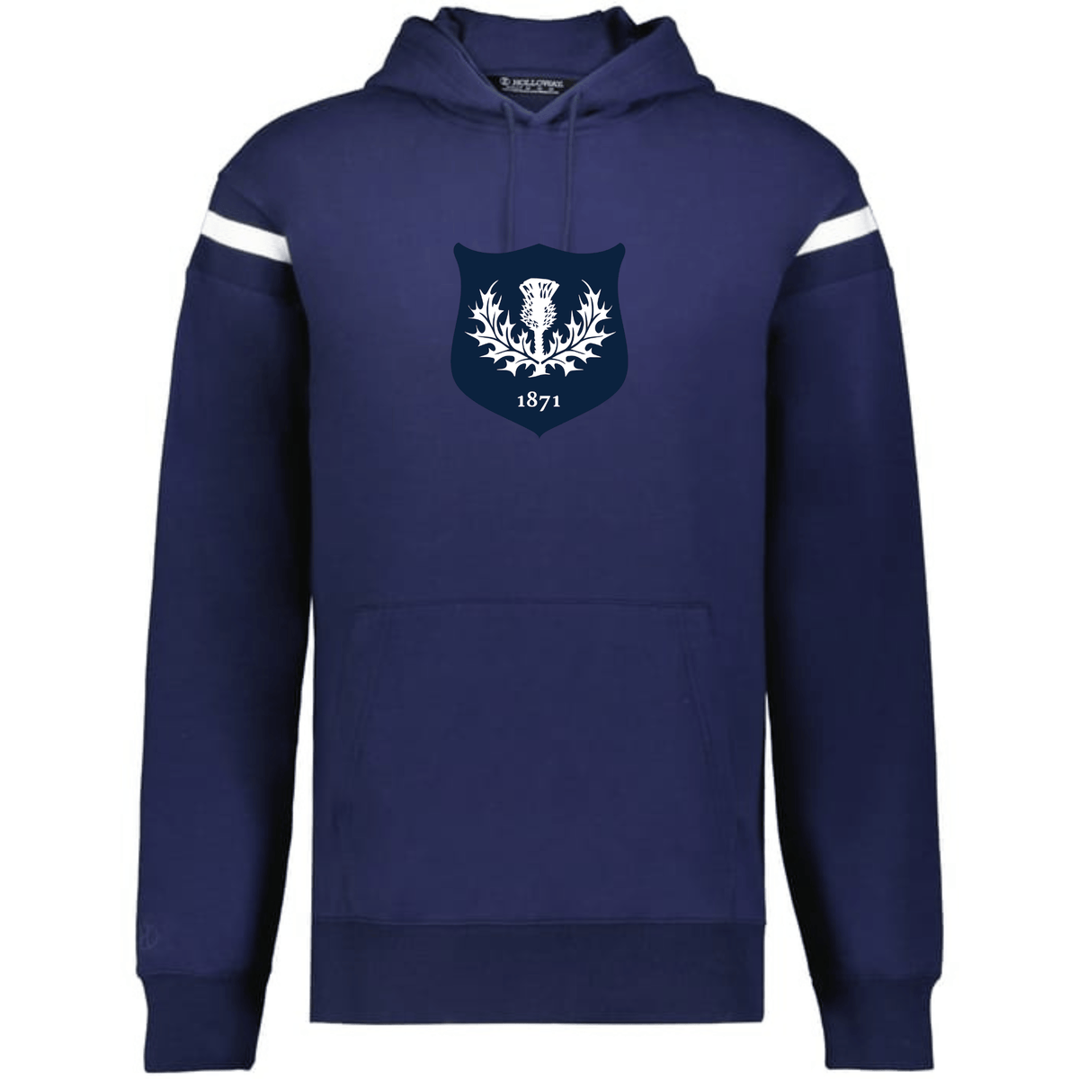 The WRS Augusta Scotland Heritage Prep Vintage Shield Hoodie features navy blue fabric, white sleeve stripes, and a chest crest with a thistle and "1871," celebrating Scottish heritage.