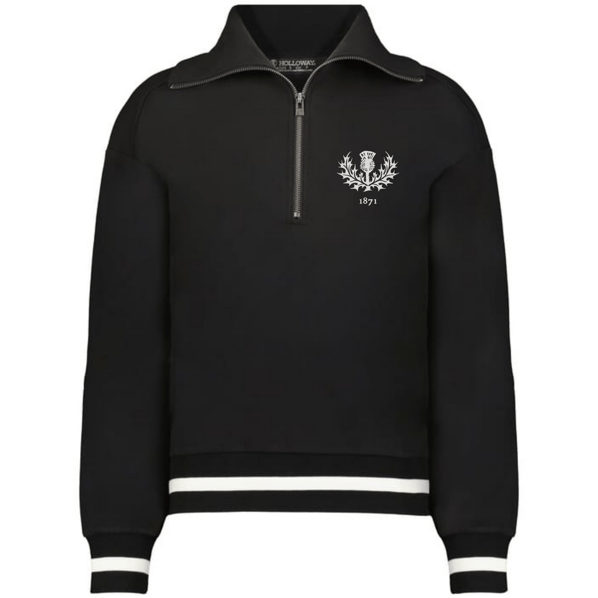 The EMB Augusta Women's Vintage Scotland Heritage Prep Pullover features a black half-zip collar, white-striped cuffs and hem, and an embroidered "1871" crest for classic style.