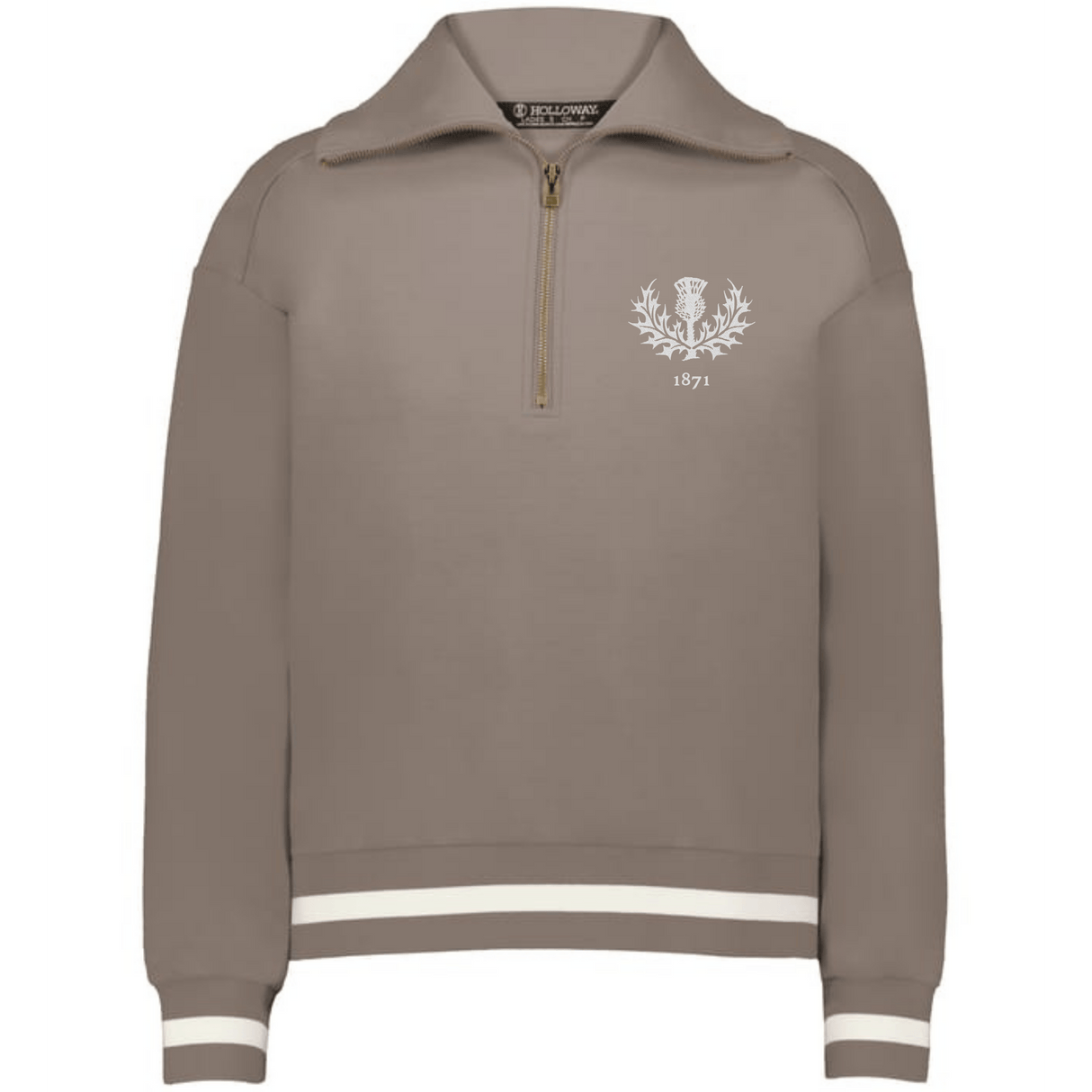 The EMB Augusta Women's Vintage Scotland Heritage Prep Pullover features taupe fabric, a gold quarter-zip, white embroidered crest and "1871" on the chest, plus white stripes on cuffs and hem—classic vintage Scotland style.