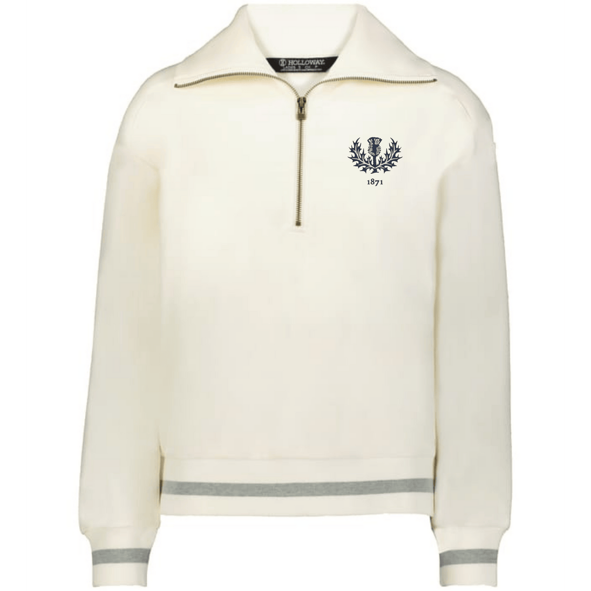 The EMB Augusta Women's Vintage Scotland Heritage Prep Pullover features a cream color, grey striped cuffs and hem, plus a blue crest with "1871" on the left chest—blending timeless prep style with classic heritage details.