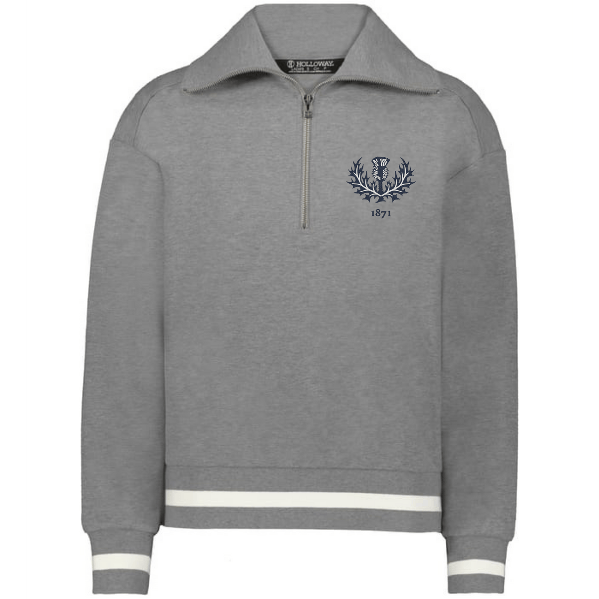 The Women's Vintage Scotland Heritage Prep Pullover by EMB Augusta is a gray quarter-zip sweatshirt with white stripe accents, a blue crest, and "1871" on the left chest.