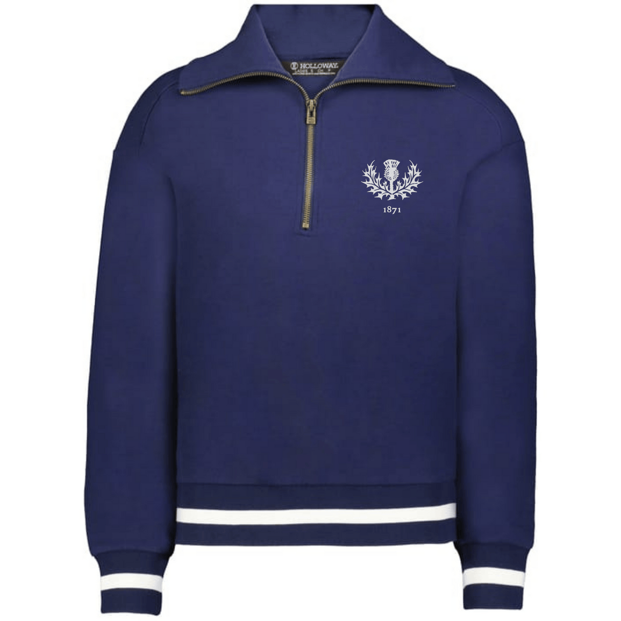 The EMB Augusta Women's Vintage Scotland Heritage Prep Pullover is a navy half-zip with white trim on the cuffs and hem, plus an embroidered white “1871” crest on the left chest.