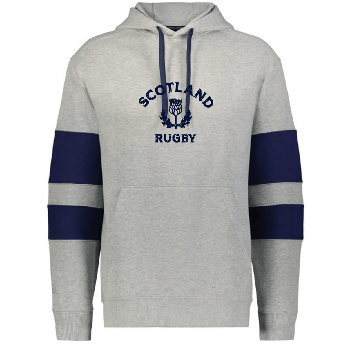 The WRS Augusta Nations of Rugby Scotland Jackson Way Hoodie is light grey with navy "SCOTLAND RUGBY" text, a thistle logo on the front, and stylish navy sleeve bands.