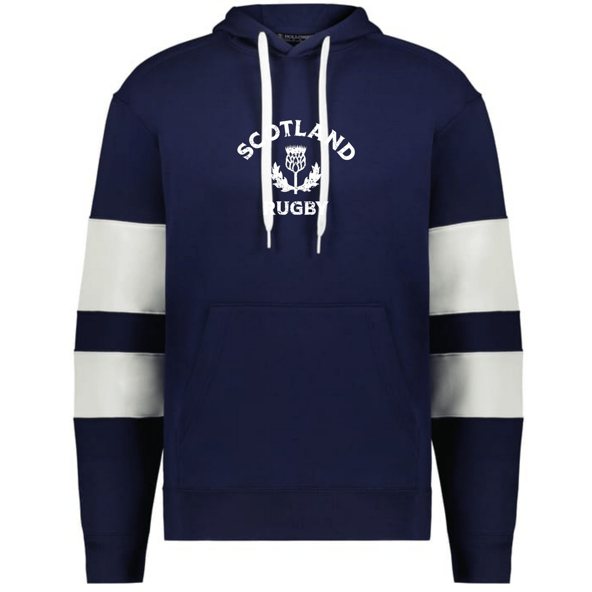 The WRS Augusta Nations of Rugby Scotland Jackson Way Hoodie features a navy blue design, white drawstrings, white and navy striped sleeves, and "Scotland Rugby" with a thistle emblem on the chest.
