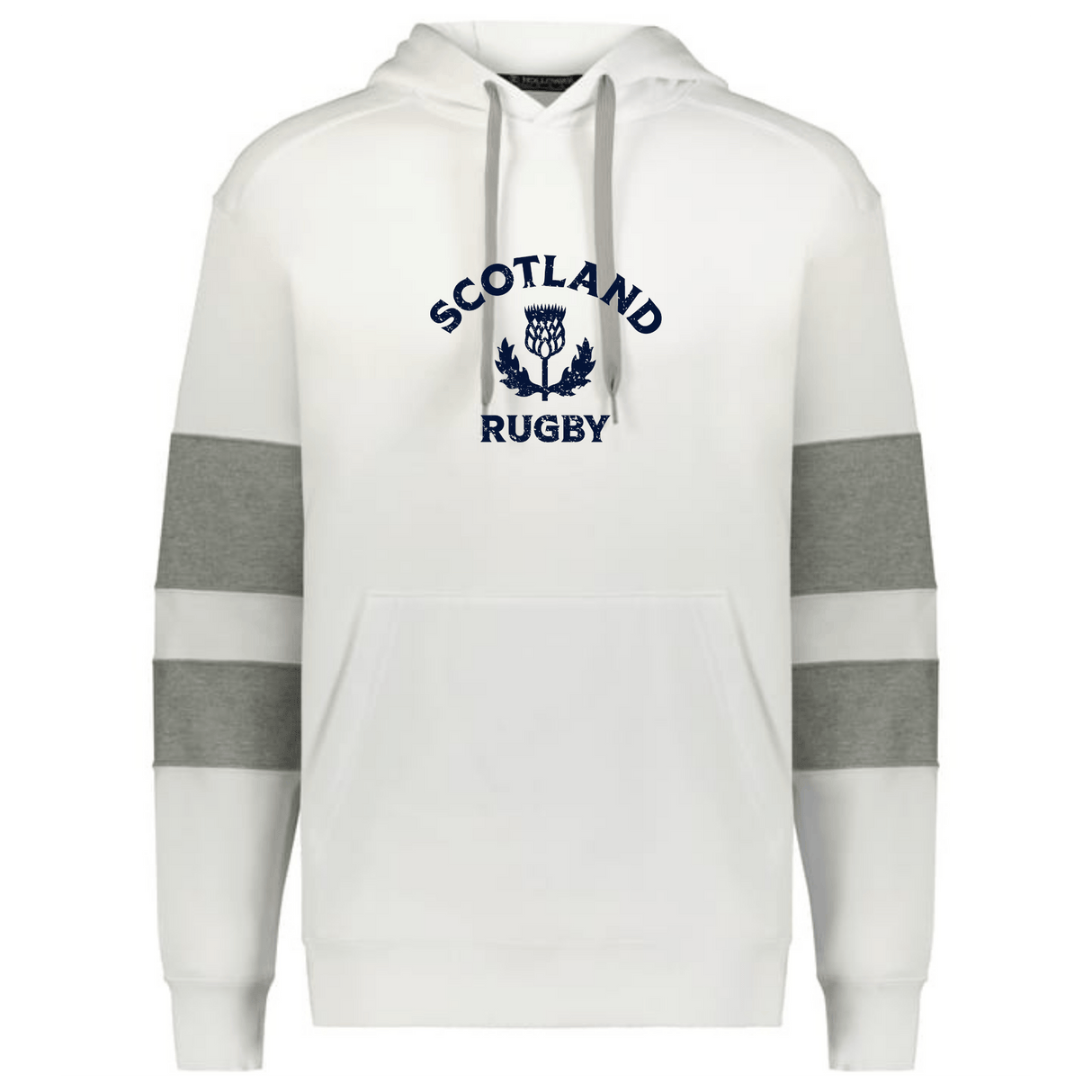 The WRS Augusta Nations of Rugby Scotland Jackson Way Hoodie features grey sleeve bands, a front pocket, cozy hood, and displays the Scotland Rugby logo with a thistle and bold navy text on the chest.
