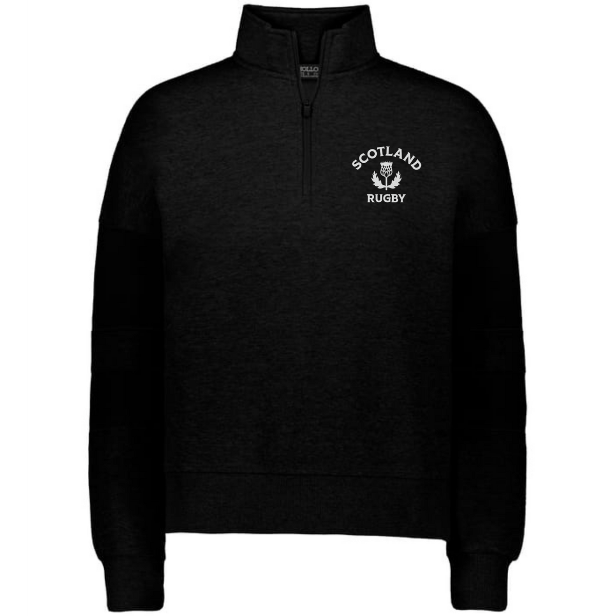 The EMB Augusta Women's Nations of Rugby Scotland Jackson Way Pullover is a black quarter-zip sweatshirt featuring "Scotland Rugby" and a white thistle emblem on the left chest—ideal for fans wanting stylish women's rugby apparel.