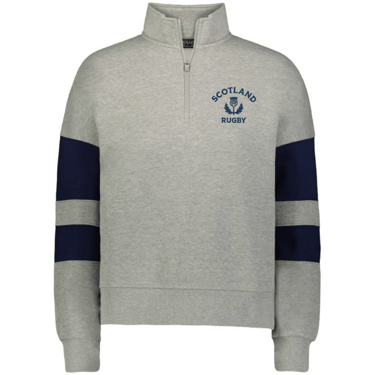 The EMB Augusta Women's Nations of Rugby Scotland Jackson Way Pullover features a light grey quarter-zip design, navy sleeve stripes, and a "Scotland Rugby" chest logo—perfect stylish apparel for women's rugby fans.