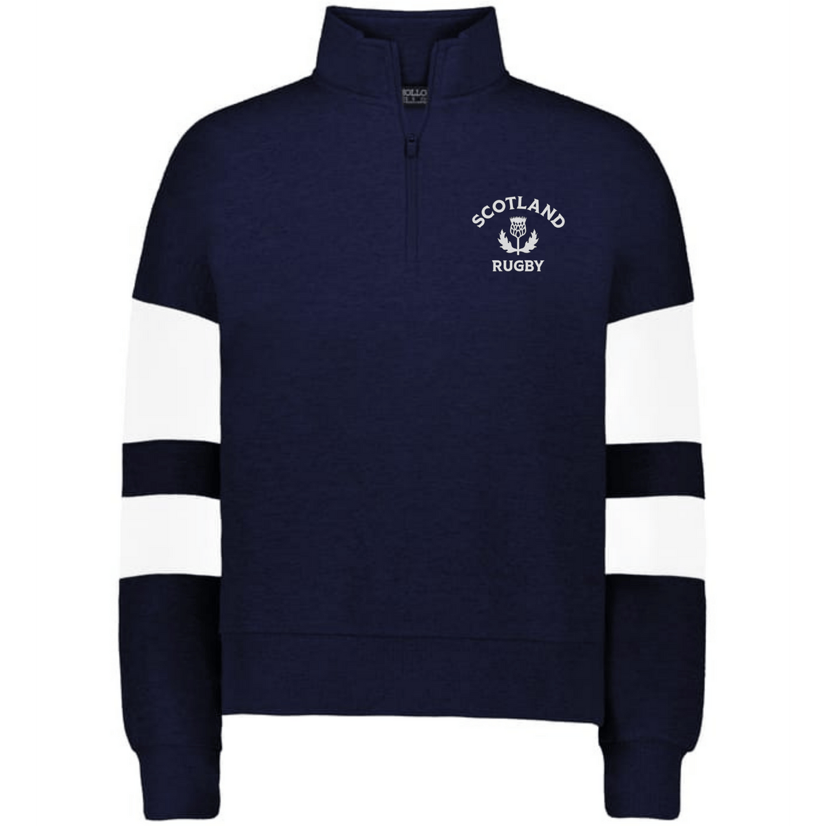 The EMB Augusta Women's Nations of Rugby Scotland Jackson Way Pullover features white sleeve stripes and a "Scotland Rugby" chest logo—ideal for women's rugby fans.