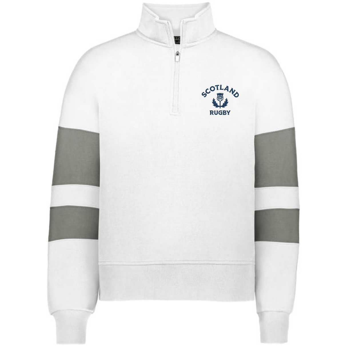 The EMB Augusta Women's Nations of Rugby Scotland Jackson Way Pullover is a white top with grey sleeve stripes and a "Scotland Rugby" logo on the left chest, ideal for fans of women’s rugby apparel.
