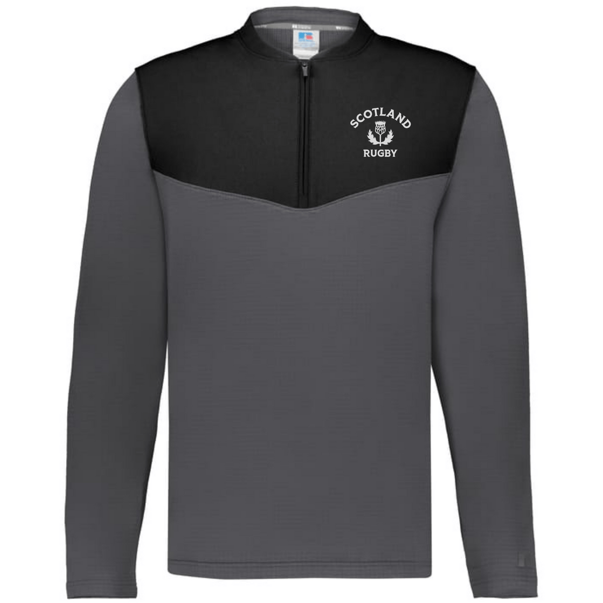 The EMB Augusta Nations of Rugby Scotland Sideline Grid 1/4 Zip Pullover is a gray and black long-sleeve shirt with a "Scotland Rugby" logo and thistle emblem—ideal apparel for any rugby supporter.