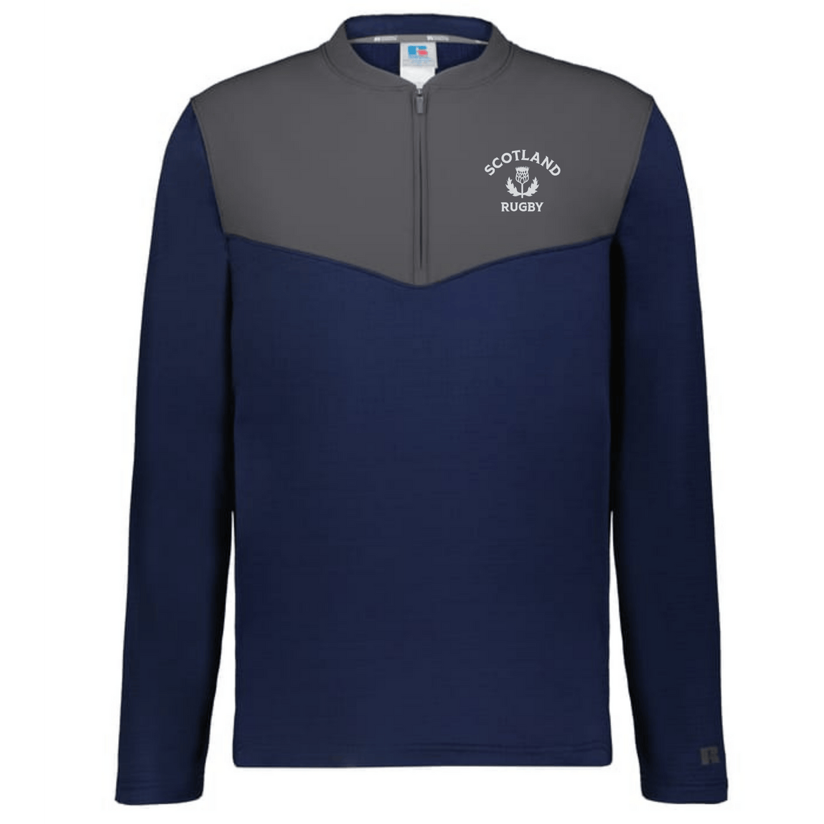 The EMB Augusta Nations of Rugby Scotland Sideline Grid 1/4 Zip Pullover features a navy body, gray yoke, and "Scotland Rugby" logo with thistle emblem on the left chest—ideal for rugby fans on chilly days.
