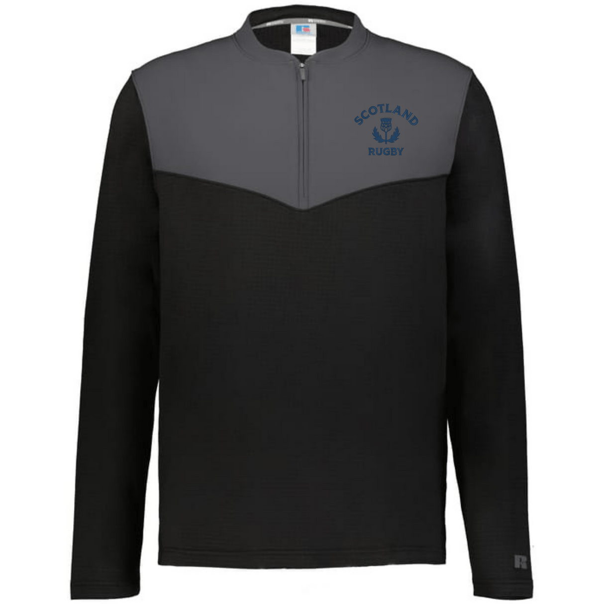 The EMB Augusta Nations of Rugby Scotland Sideline Grid 1/4 Zip Pullover features a black body, gray yoke, quarter-zip collar, and "Scotland Rugby" chest logo—perfect for any rugby fan's apparel collection.