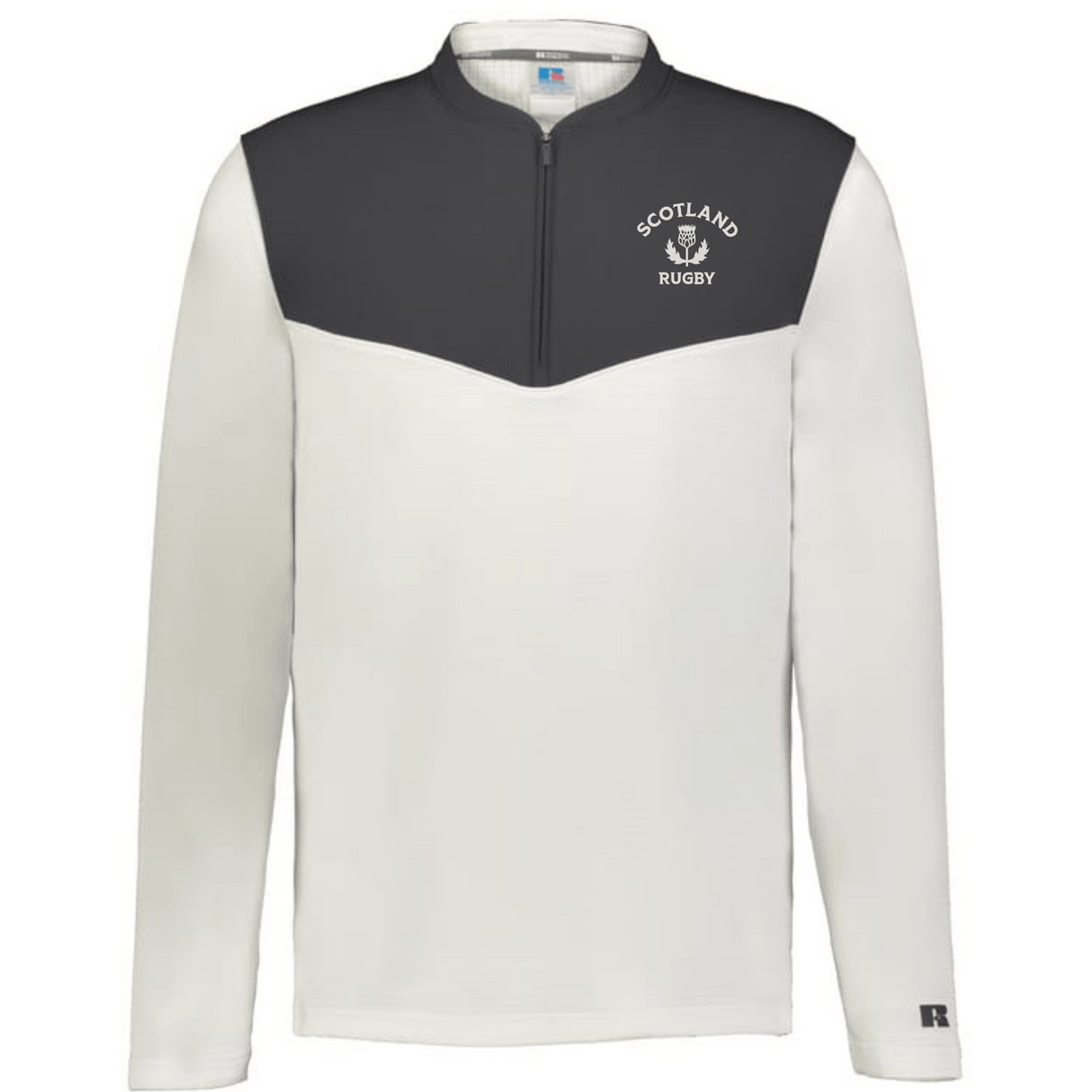 The EMB Augusta Nations of Rugby Scotland Sideline Grid 1/4 Zip Pullover boasts long sleeves, a white and dark gray design, and a chest "Scotland Rugby" logo—ideal for rugby supporters.