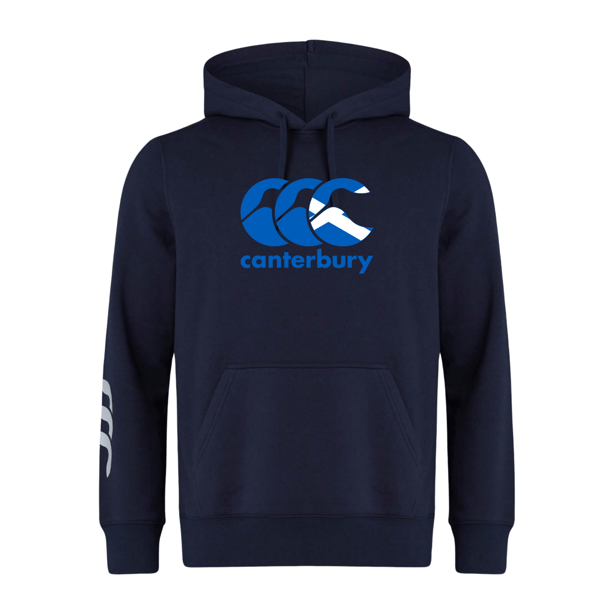 The Canterbury Scotland CCC Flag Club Hoodie by WRS Canterbury is a navy blue piece made from premium sweatshirt fleece. It showcases the iconic "Canterbury" logo in blue and white on the chest, complemented by a chic white stripe on the left sleeve.