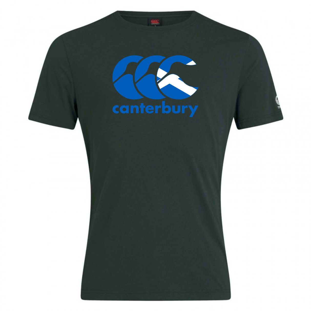 A stylish black Canterbury Scotland CCC Flag Club T-Shirt by WRS Canterbury featuring the blue CCC Kiwi Logo on the front.
