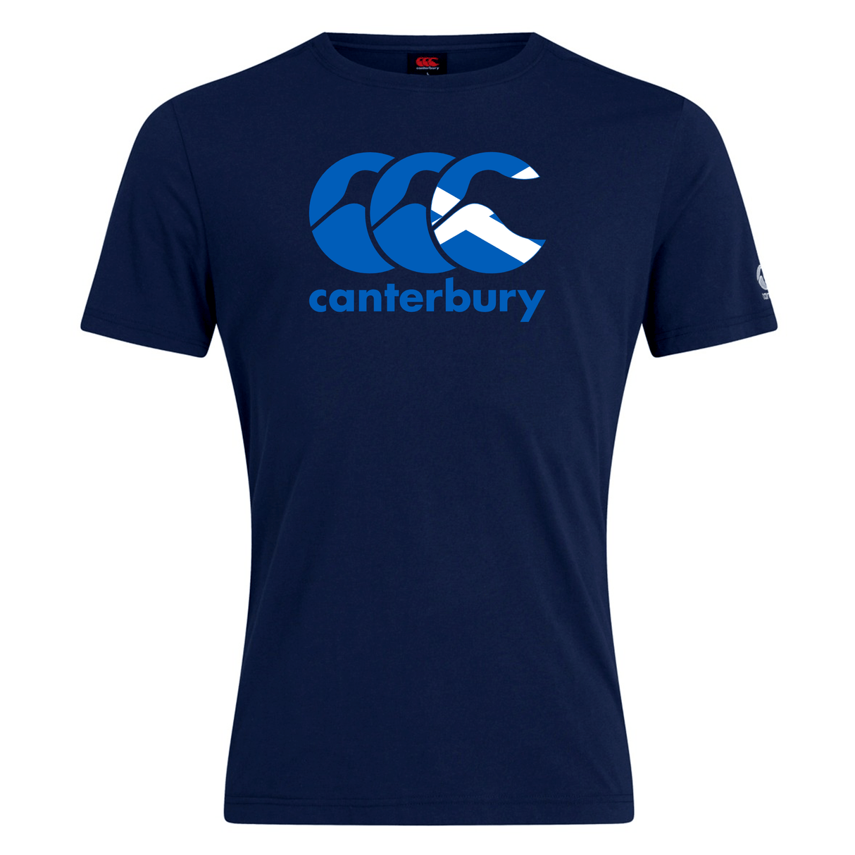 Navy blue Canterbury Scotland CCC Flag Club T-Shirt by WRS Canterbury, showcasing the iconic Canterbury Kiwi Logo in blue and white on the front.