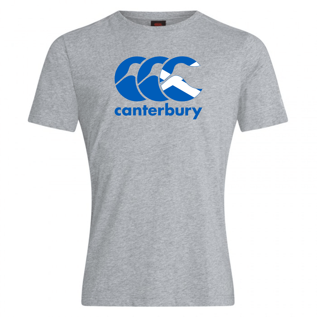 A gray Canterbury Scotland CCC Flag Club T-Shirt from WRS Canterbury features a blue "CCC" logo, the Canterbury Kiwi logo, and 'Canterbury' on the front.