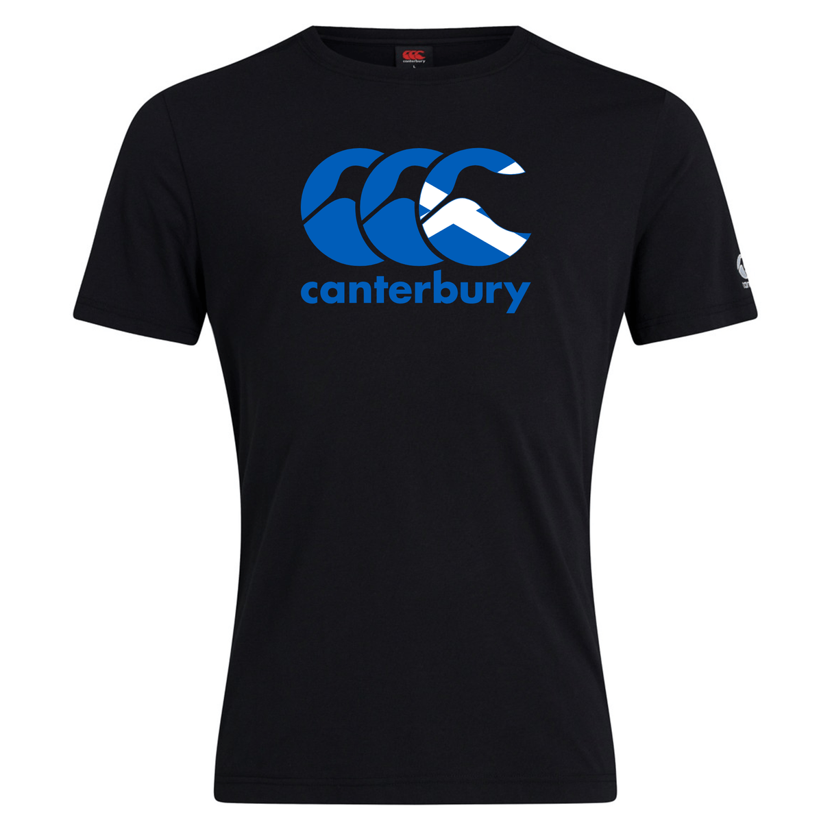 The WRS Canterbury Scotland CCC Flag Club T-Shirt is black and showcases a striking blue Kiwi Logo along with bold "Canterbury" lettering on the front.
