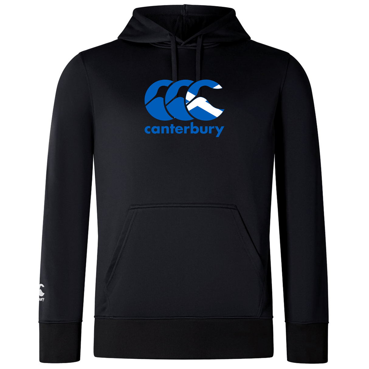 The Canterbury Scotland CCC Club Lightweight Hoodie by WRS Canterbury is a lightweight polyester black hooded sweatshirt with a bold blue and white logo on the front.