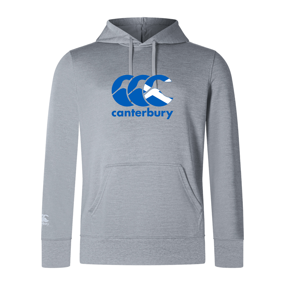 The Canterbury Scotland CCC Club Lightweight Hoodie by WRS Canterbury is crafted from soft polyester for ultimate comfort and features a blue and white logo on the front.