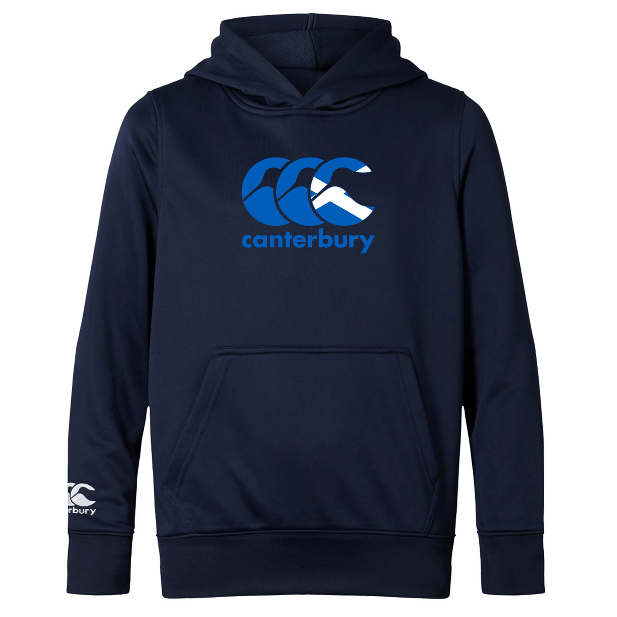 The Canterbury Scotland CCC Club Lightweight Hoodie by WRS Canterbury is a lightweight navy blue hoodie, featuring a white and blue logo on the chest and a sleek white logo on the sleeve, made of high-quality polyester for ultimate comfort.