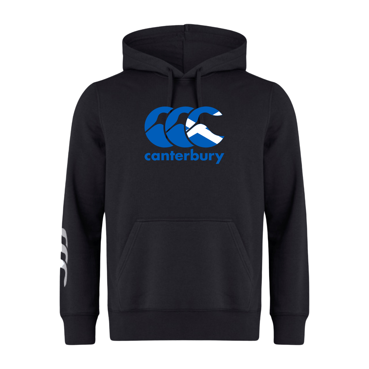 The Canterbury Scotland CCC Flag Club Hoodie by WRS Canterbury is crafted from premium sweatshirt fleece, featuring a blue and white "Canterbury" logo on the chest and a white design on the right sleeve.