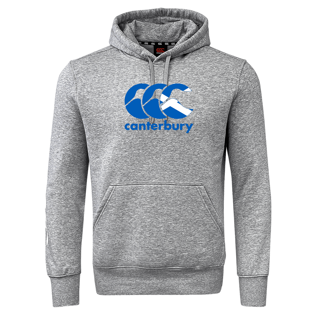 The Canterbury Scotland CCC Flag Club Hoodie by WRS Canterbury boasts a gray hooded design with a bold blue and white "canterbury" logo on the chest, complemented by unique sleeve branding.