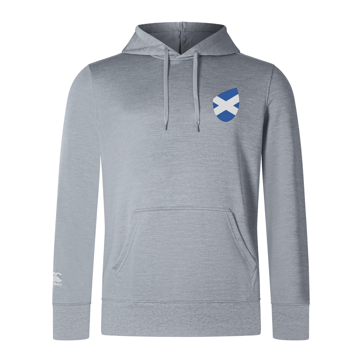 The EMB Canterbury Scotland Shield Club Lightweight Hoodie in gray features a chest emblem, drawstring hood, and front pocket, ideal for rugby fans.