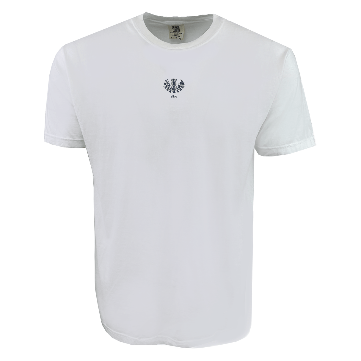 The Scotland Vintage Comfort Tee by EMB S&S Activewear is a plain white short-sleeved shirt with a small navy blue embroidered laurel wreath and "SPT" logo on the chest, inspired by classic Scottish vintage style.