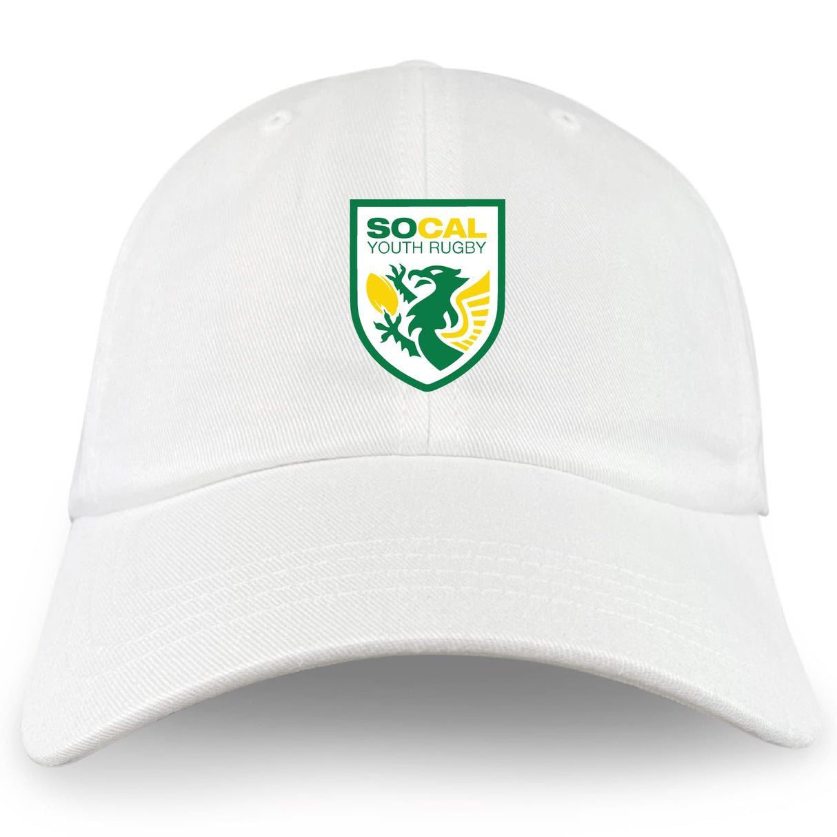The SoCal Youth Rugby Adult Low-Profile Cotton Twill Dad Cap by EMB S&S Activewear features a green and yellow stylized dragon logo with bold embroidered team branding on the white cotton twill front.