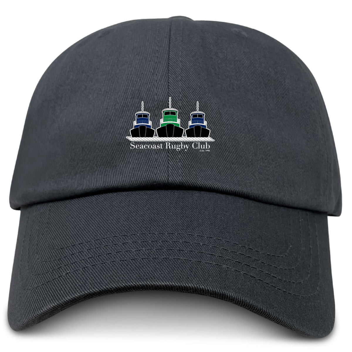 The Seacoast Rugby Club Adult Low-Profile Cotton Twill Dad Cap by EMB S&S Activewear features three boat icons and "Seacoast Rugby Club" embroidered on the front.