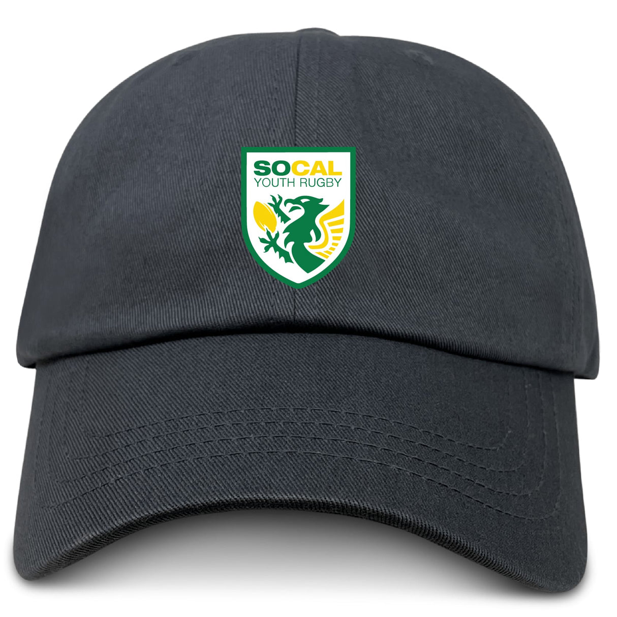 The EMB S&S Activewear SoCal Youth Rugby Adult Low-Profile Cotton Twill Dad Cap is black with a green dragon and yellow accents logo, featuring embroidered team branding on the front.