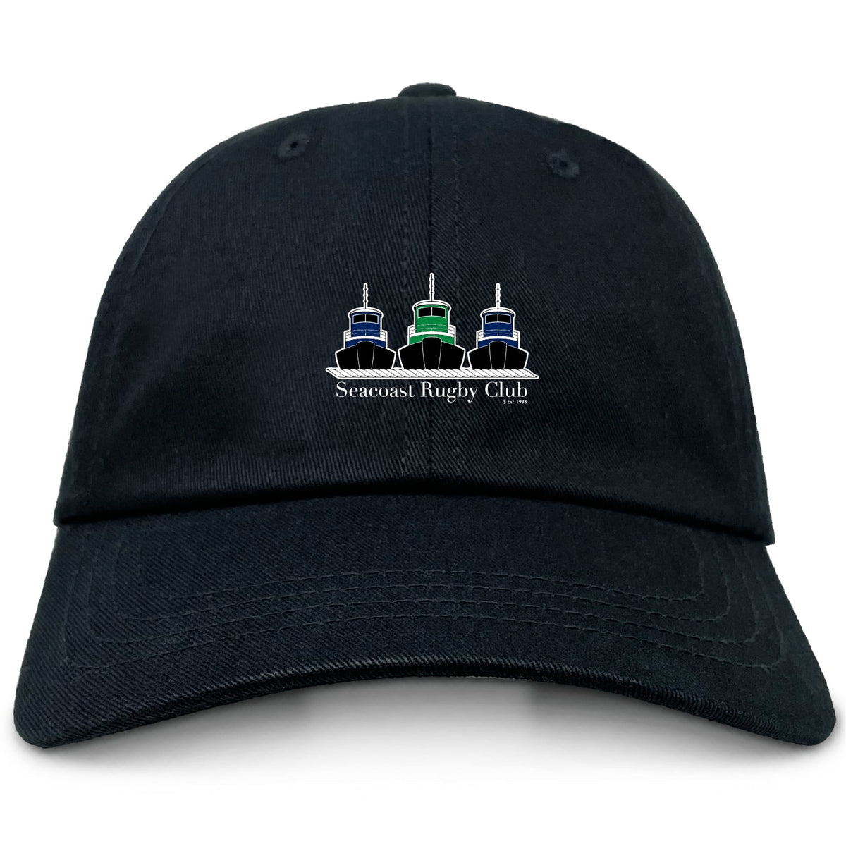 The EMB S&S Activewear Seacoast Rugby Club Adult Low-Profile Cotton Twill Dad Cap features an embroidered design of three tugboats and "Seacoast Rugby Club" text on the front.