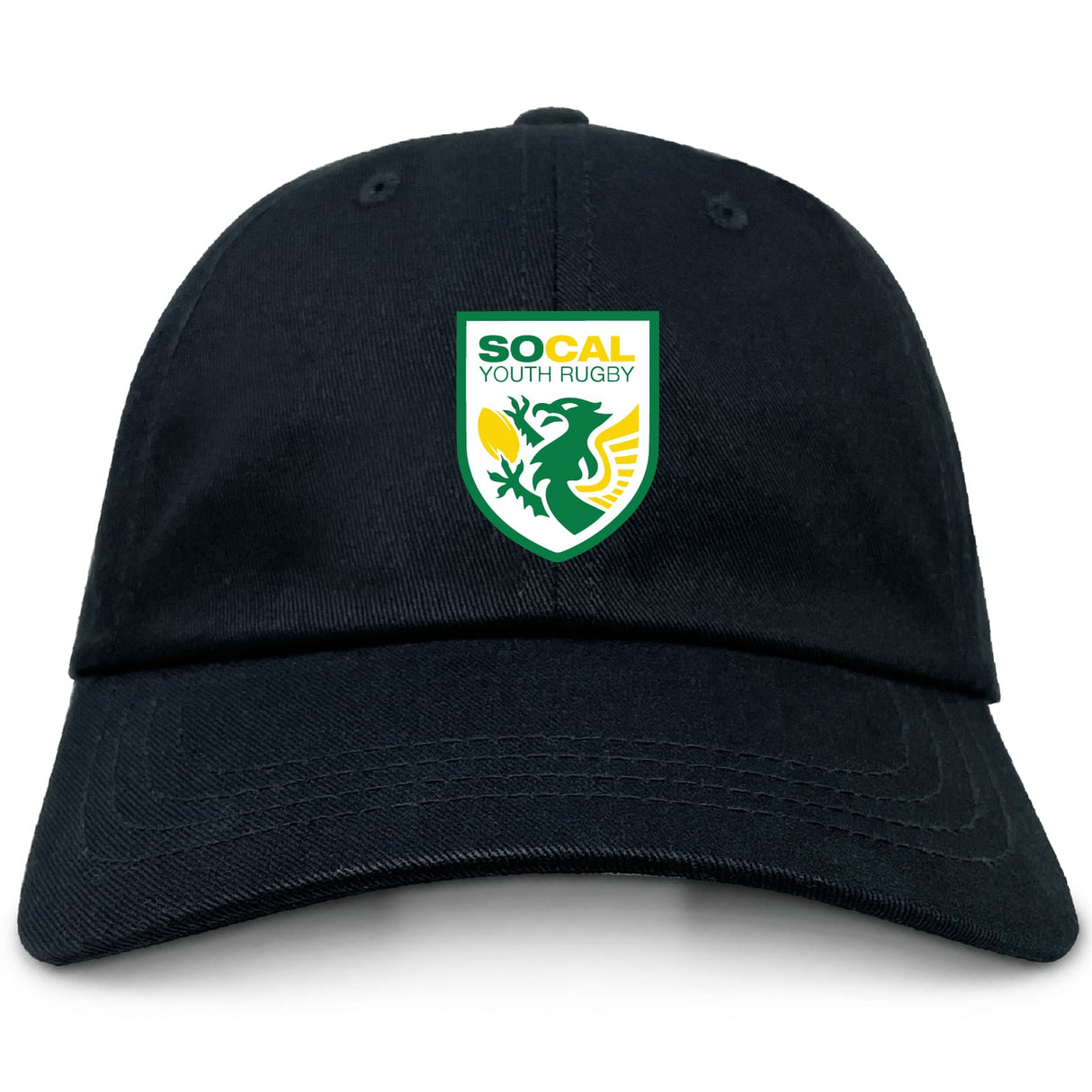 The EMB S&S Activewear SoCal Youth Rugby Adult Low-Profile Cotton Twill Dad Cap features a black cotton twill build and an embroidered green, yellow, and white SoCal Youth Rugby logo on the front.