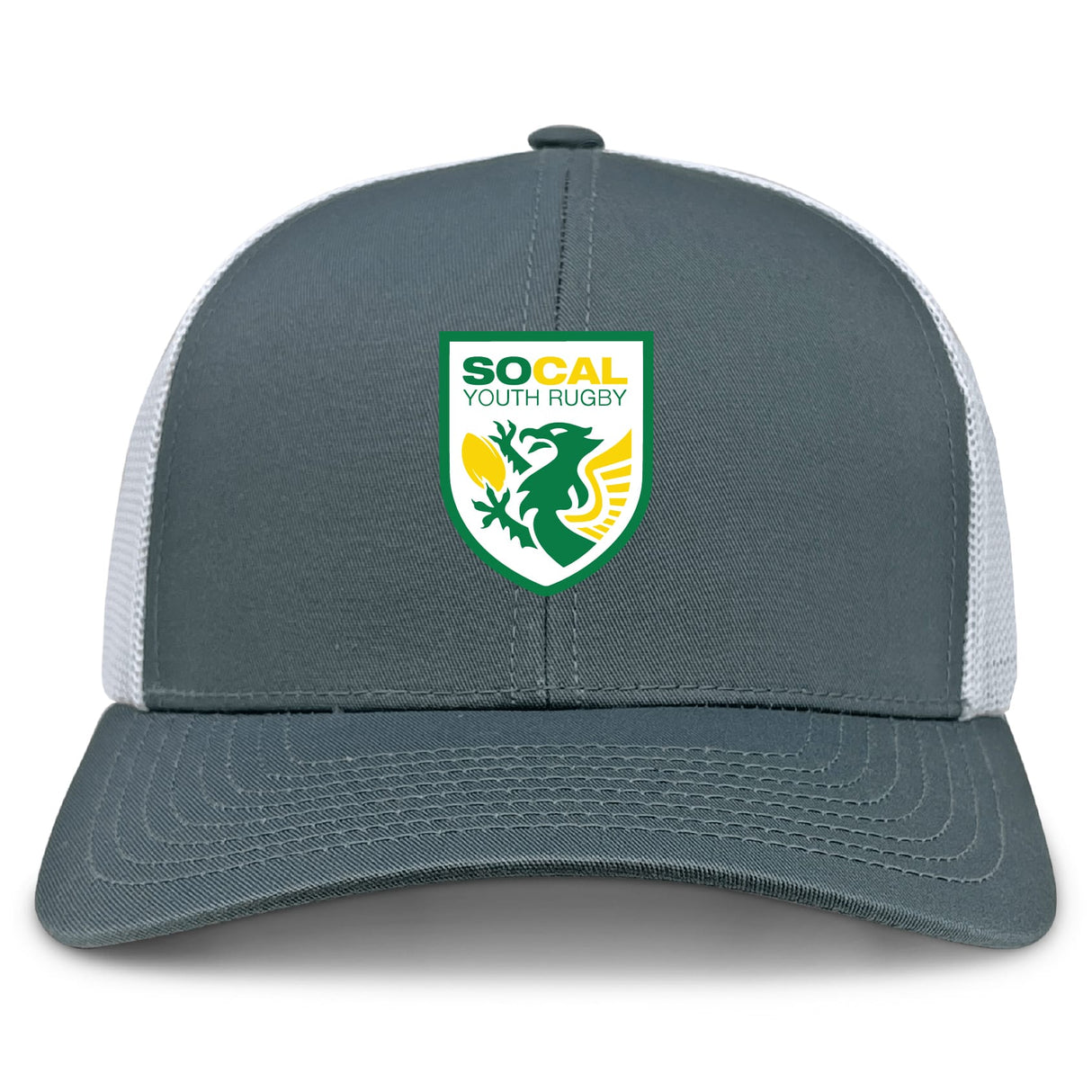 The SoCal Youth Rugby Retro Trucker Cap by EMB S&S Activewear features a gray and white design, embroidered front logo, and an adjustable snapback closure for a classic look.