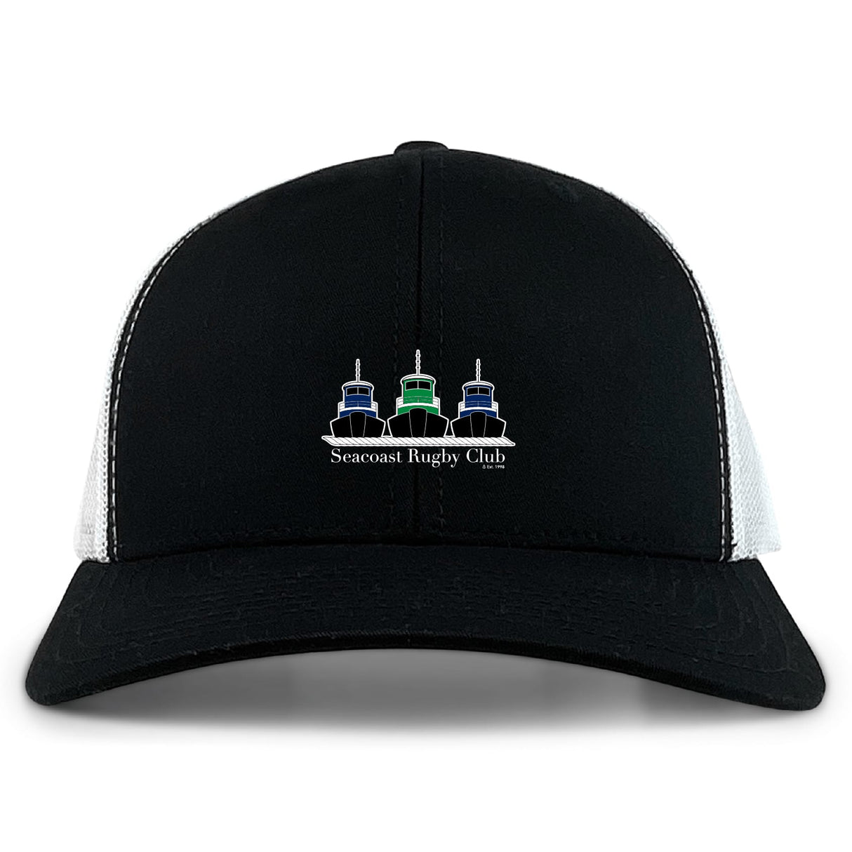 The Seacoast Rugby Club Retro Trucker Cap by EMB S&S Activewear features a black and white design, three stylized boats, club embroidery on the front, and an adjustable snapback closure for a perfect fit.