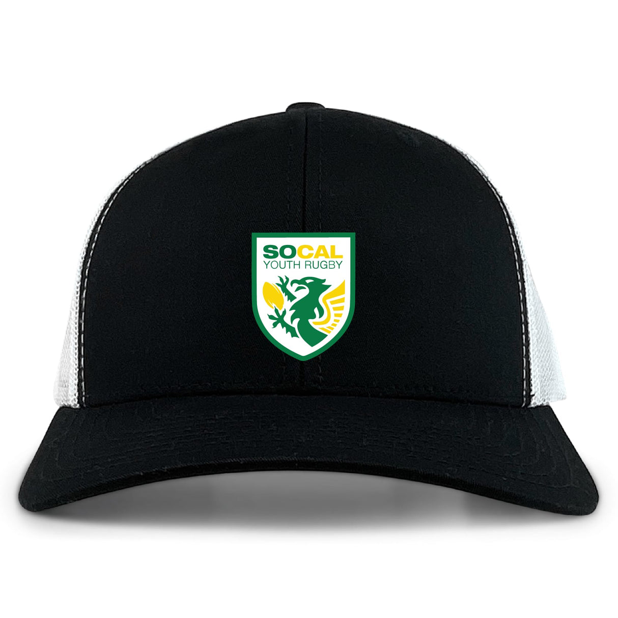 The SoCal Youth Rugby Retro Trucker Cap by EMB S&S Activewear is a black and white cap with the SoCal Youth Rugby logo on front and an adjustable snapback for a comfortable fit.