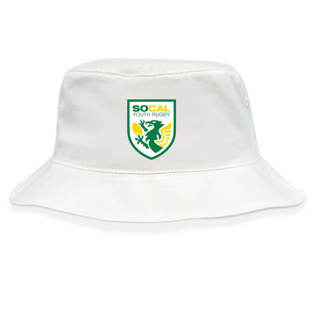 The SoCal Youth Rugby Crusher Bucket Cap by EMB S&S Activewear is a white cotton twill hat featuring the SoCal Youth Rugby logo with a green and yellow griffin, combining classic style and sun protection.