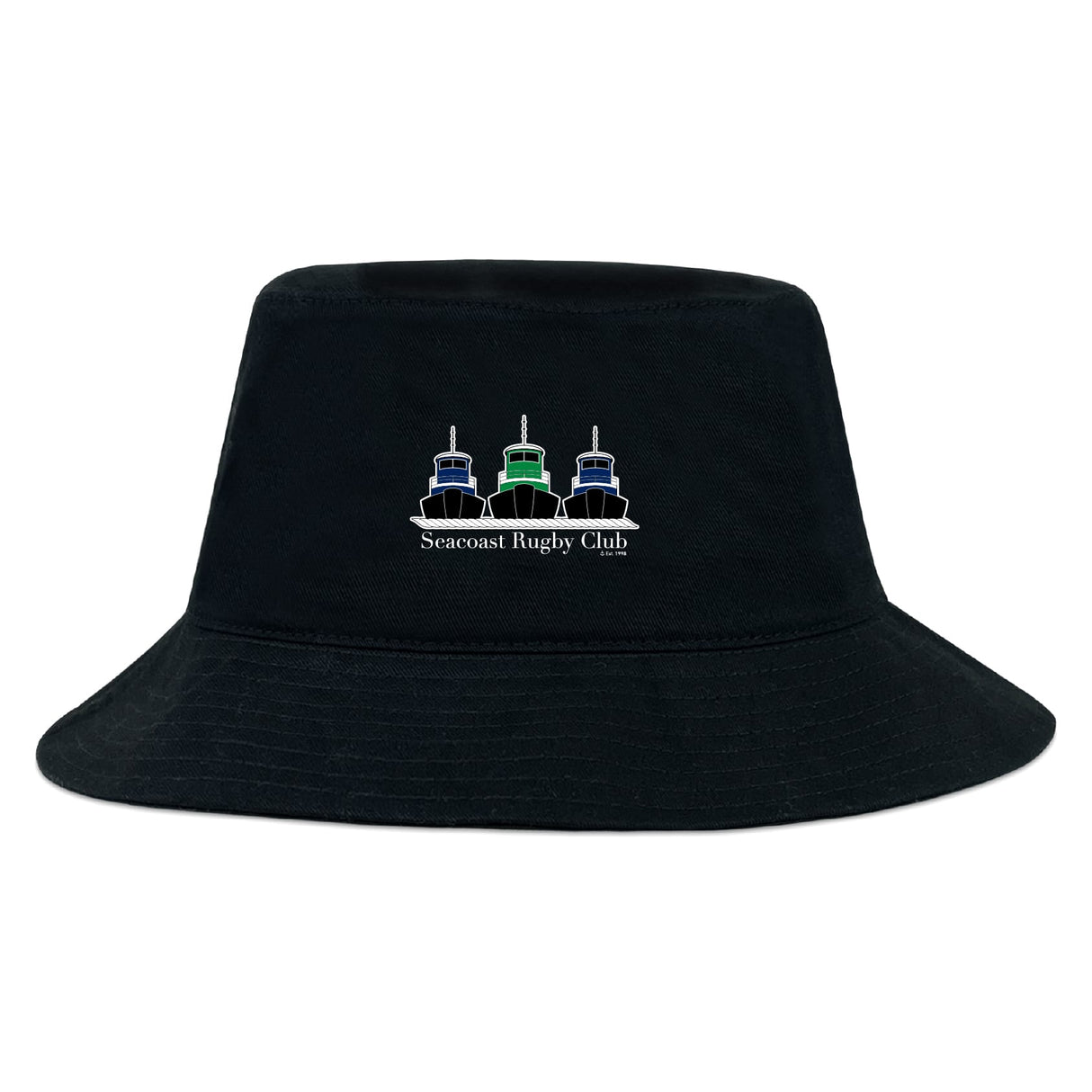The Seacoast Rugby Club Crusher Bucket Cap by EMB S&S Activewear is a black cotton twill hat with three embroidered tugboats in blue, green, and navy, plus "Seacoast Rugby Club" below—blending unique style with sun protection.