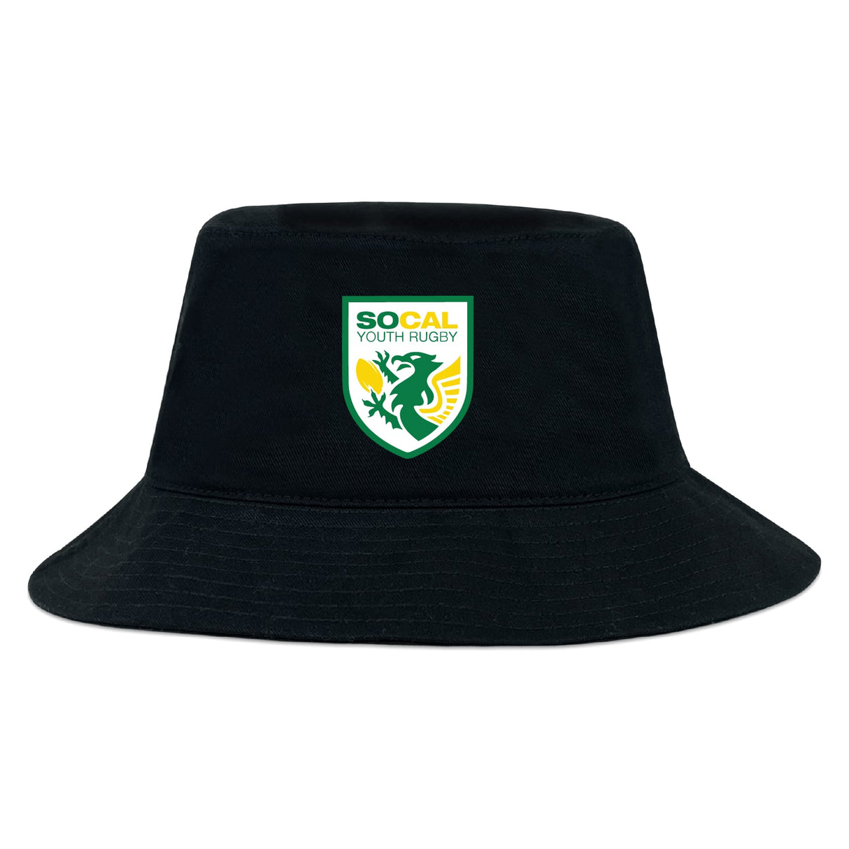 The SoCal Youth Rugby Crusher Bucket Cap by EMB S&S Activewear is a black cotton twill hat featuring a green, yellow, and white logo patch on the front, combining style with sun protection.