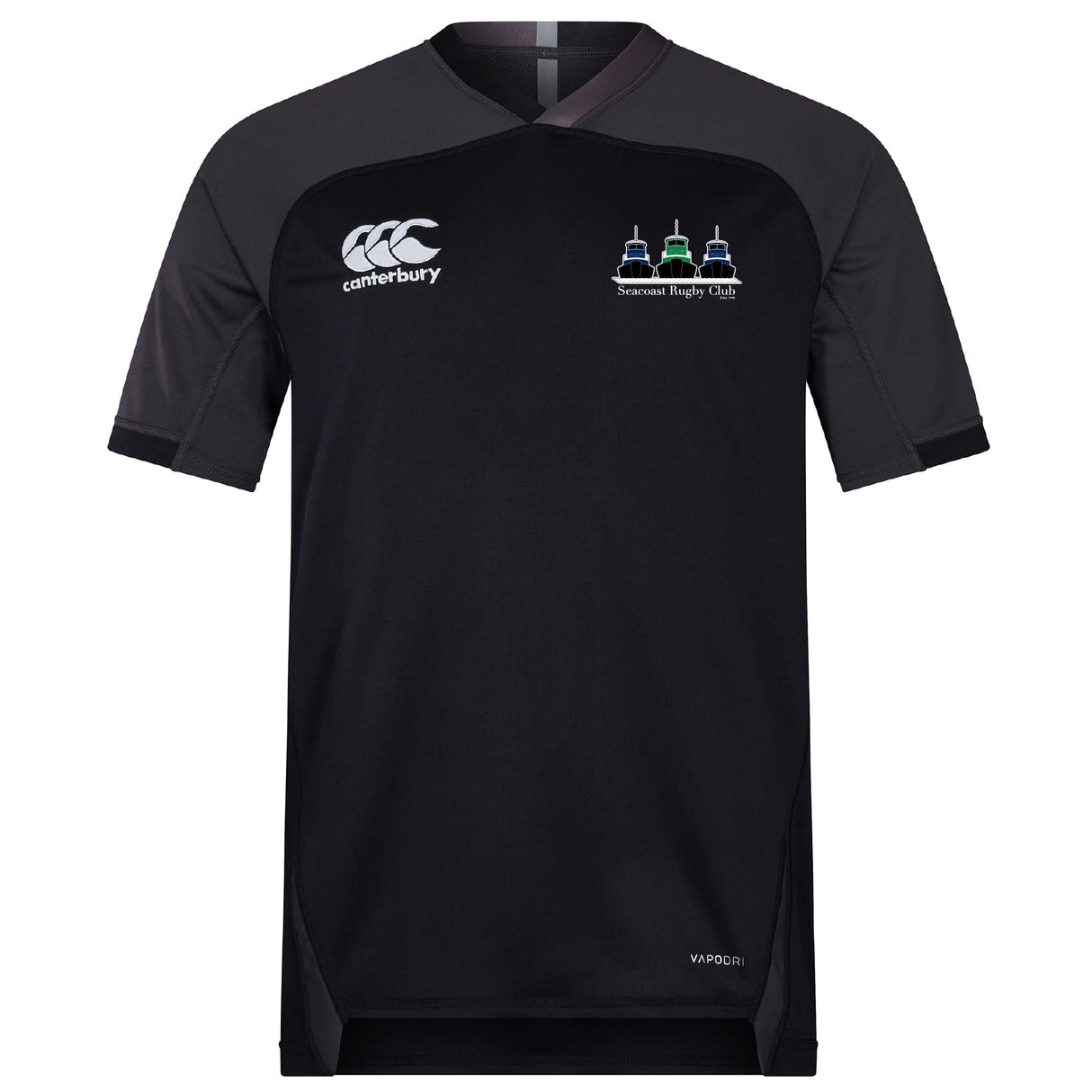 A black EMB Canterbury Seacoast Rugby Club Vapodri Evader Jersey with white logos on the chest, a subtle V-neck, and moisture-wicking fabric for comfort.
