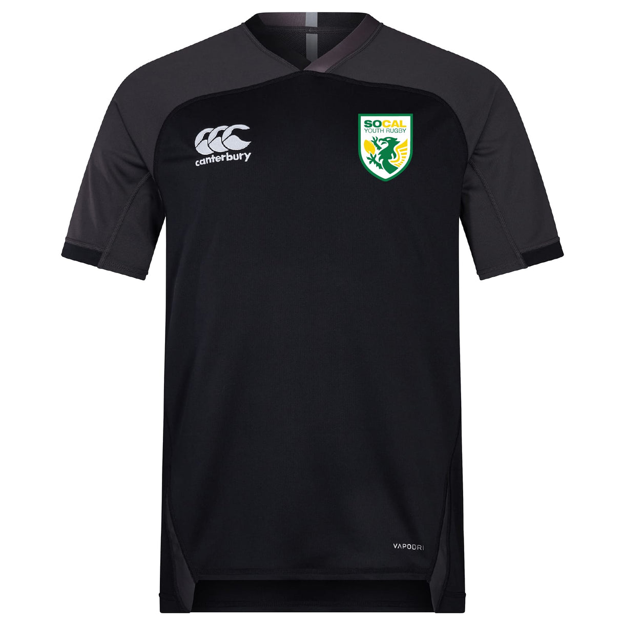The SoCal Youth Rugby Vapodri Evader Jersey by EMB Canterbury features moisture-wicking Vapodri technology, a "Canterbury" logo on the right chest, and a green-and-yellow "SoCal Youth Rugby" crest on the left chest in black and dark gray.
