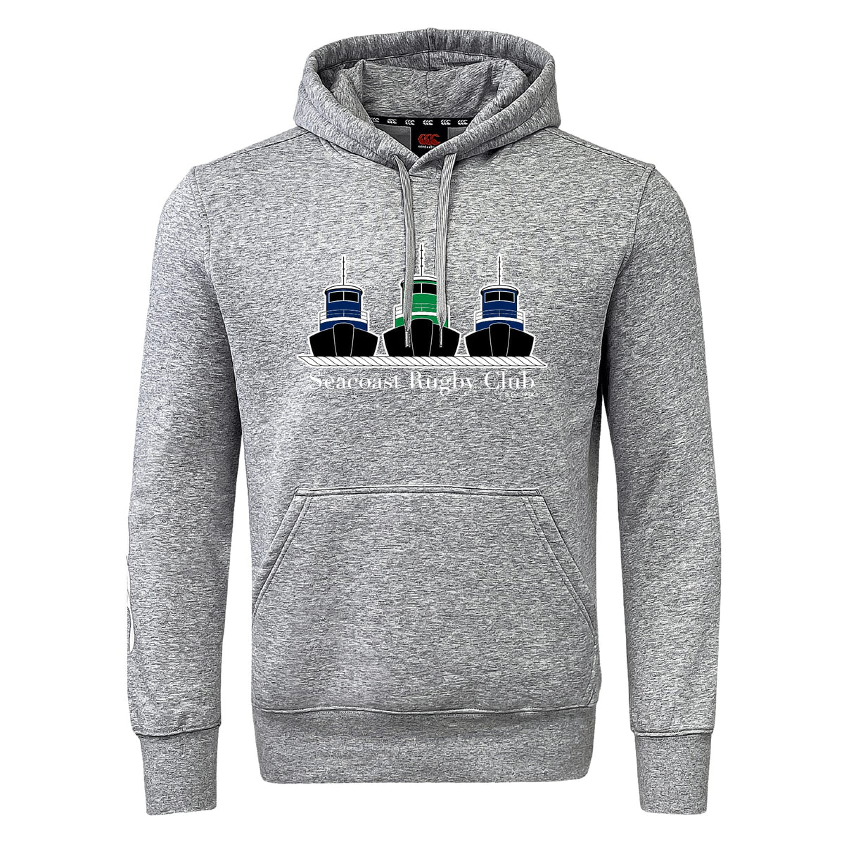 The Seacoast Rugby Club Club Hoodie by WRS Canterbury is a gray hoodie featuring three boats in blue, black, and green above the "Seacoast Rugby Club" text.